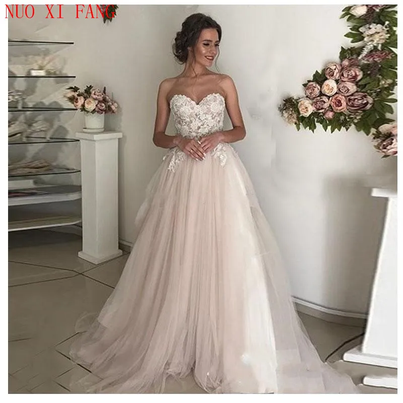 NUOXIFANG Elegant Lace Appliques A-line Wedding Dress Tulle Long Princess Bridal Dress 2022 Wedding Gown Boho Vestidos De Noiva