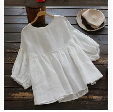 1pcs/lot Fashion Ruffle Blouse Summer Women Vintage Casual Linen Tops Female Lantern Sleeve female solid top