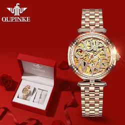 OUPINKE Brand Luxury Automatic Watch Rose Gold Steel Case Vogue Dress Watches Skeleton Transparent Women Mechanical Wristwatches