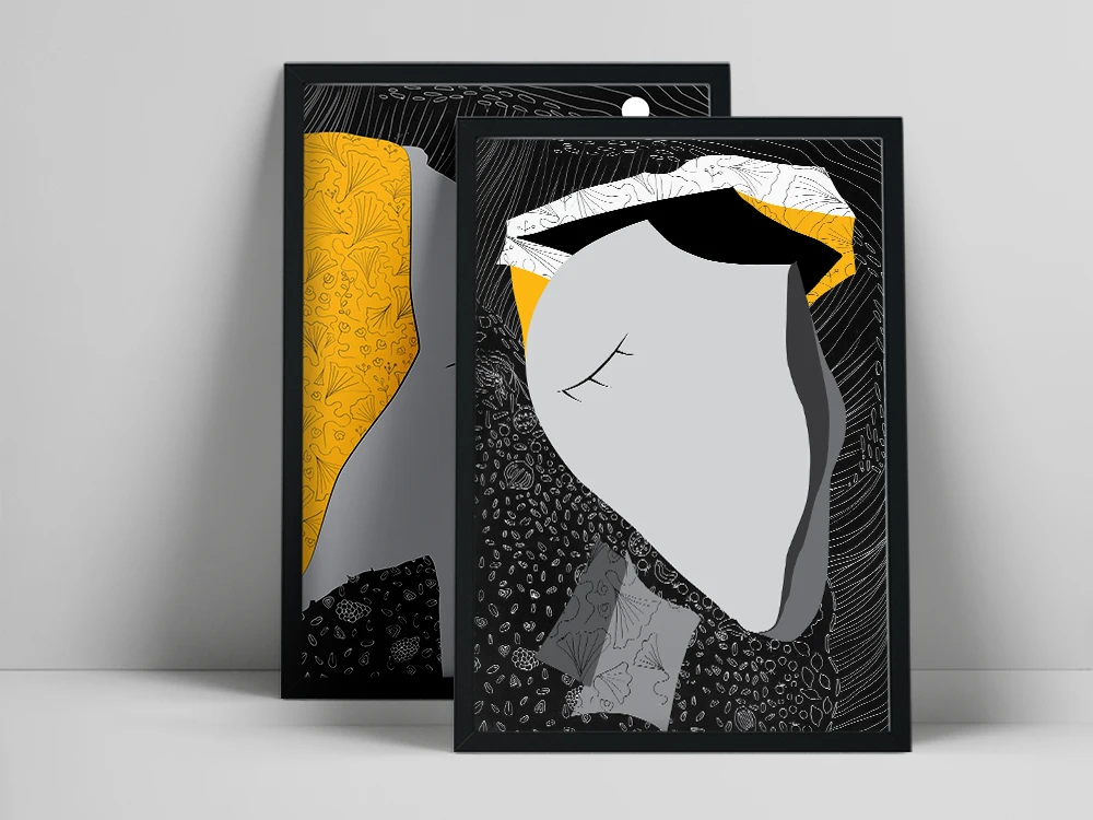 Abstract Elephant Print, Contemporary Collage, Modern Face Portret, Minimalist Lion Head, Set of 2 Print, Black Yellow Decor, Mo