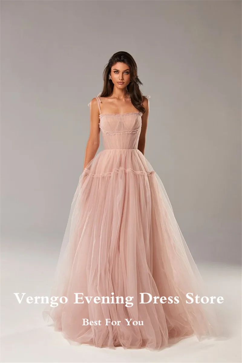 Verngo Simple A Line Dusty Blue Tulle Long Prom Dresses Spaghetti Straps Strapless Pleats Floor Length 2021 Evening Gowns