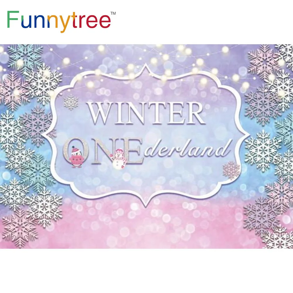 Funnytree Winter Onederland 1st Birthday Party Backdrop Photozone for 1 Year Pink Snowflake Bokeh Lights Banner Background