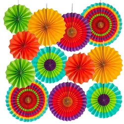 12pcs Fiesta Colorful Paper Fans Rosettes Party Fans Mexican Southwestern Pattern Paper Fans for Wedding Festival Carnival Party