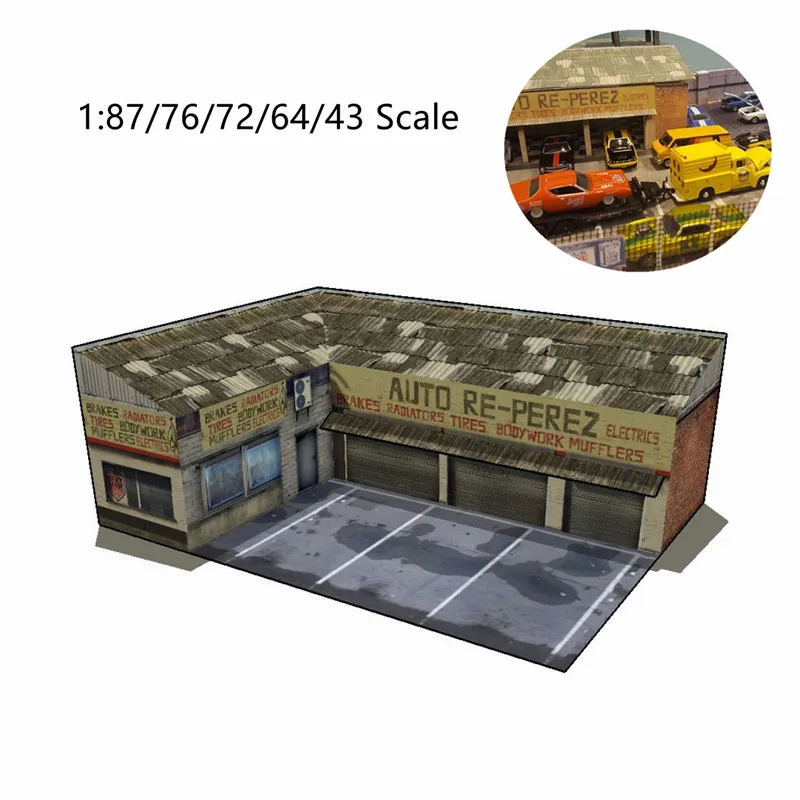 1:87/76/72/64/43 Scale Handmade Perez Cars Service Station Model Train Shop Sand Table Model for Paper DIY