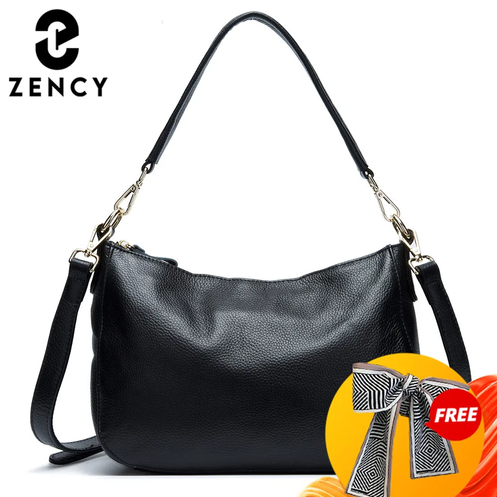 Zency moda czarny torba na ramię kobiety 100% prawdziwej skóry torebki elegancka pani Crossbody listonoszówka małe torebki Tote Hobos