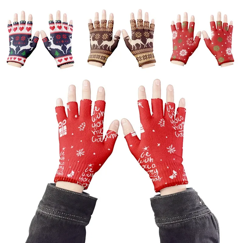 

Fashion Half Finger Mittens Cartoon Elk Snowflake Knitted Women Gloves Touch Screen Elastic Work Men Gloves Guantes Luvas