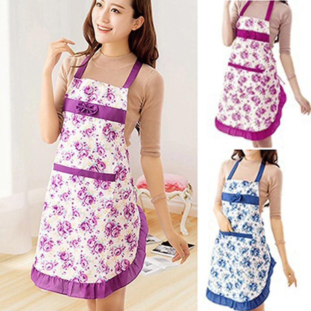 Women Bib Floral Print Bowknot Kitchen Restaurant Cooking Pocket Dress Apron Kitchen Apron Dress Restaurant Home