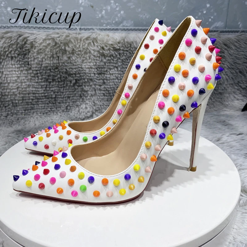 Tikicup Multi-Color Spikes Women White Matte Pointy Toe High Heel Celebrity Party Shoes Sexy Ladies Slip On Thin Stiletto Pumps