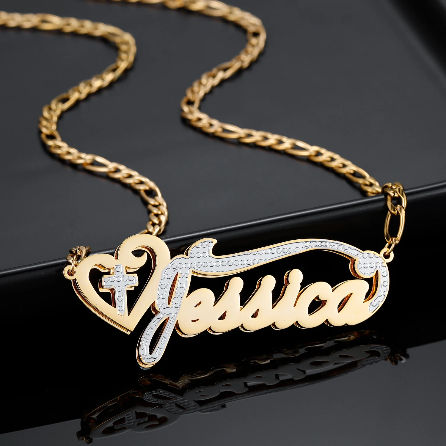 Customized Double Plated Cross Name Necklace in 18K Gold Two-Tone Name Chain Pendant For Women Nameplate Names Jewelry Gift