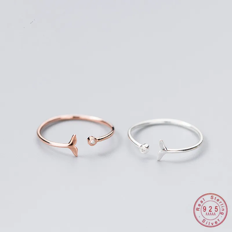 WANTME Genuine 100% 925 Sterling Silver Adjustable Fish Tail Pave Crystal Zircon Rings for Women Cute Animal Finger Jewelry