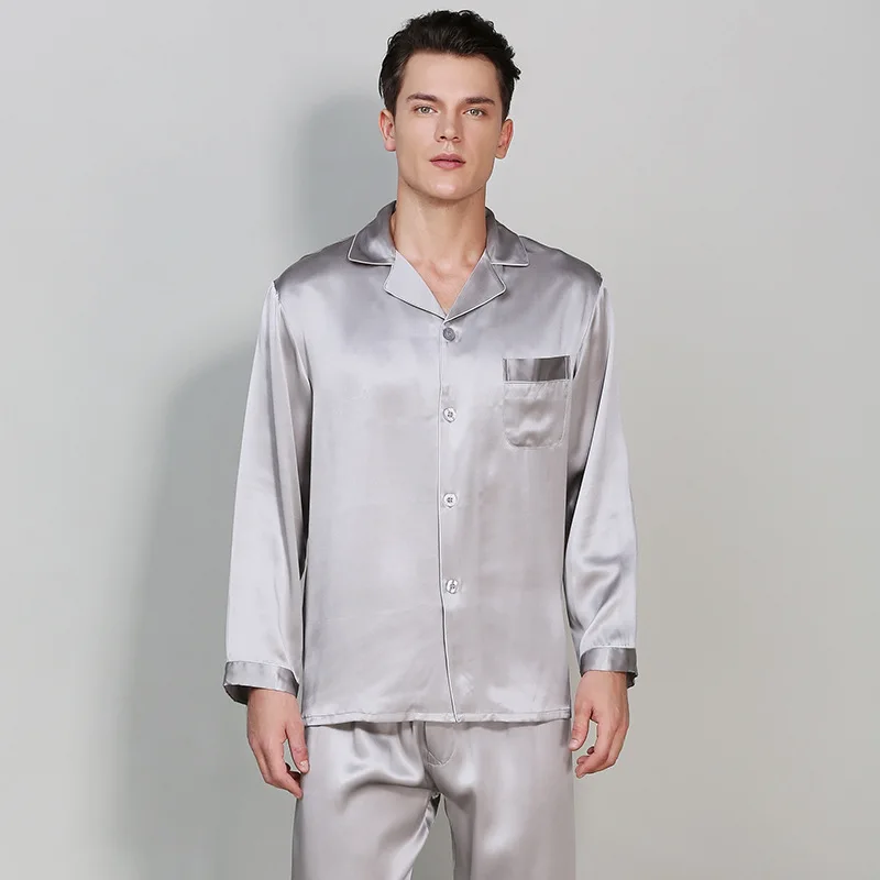 

100% Mulberry Silk Men Pajama Sets Notch Collar Long Sleeves Top with Full-Length Pant with Elastic Waist Pajamas Pyjama sp0139