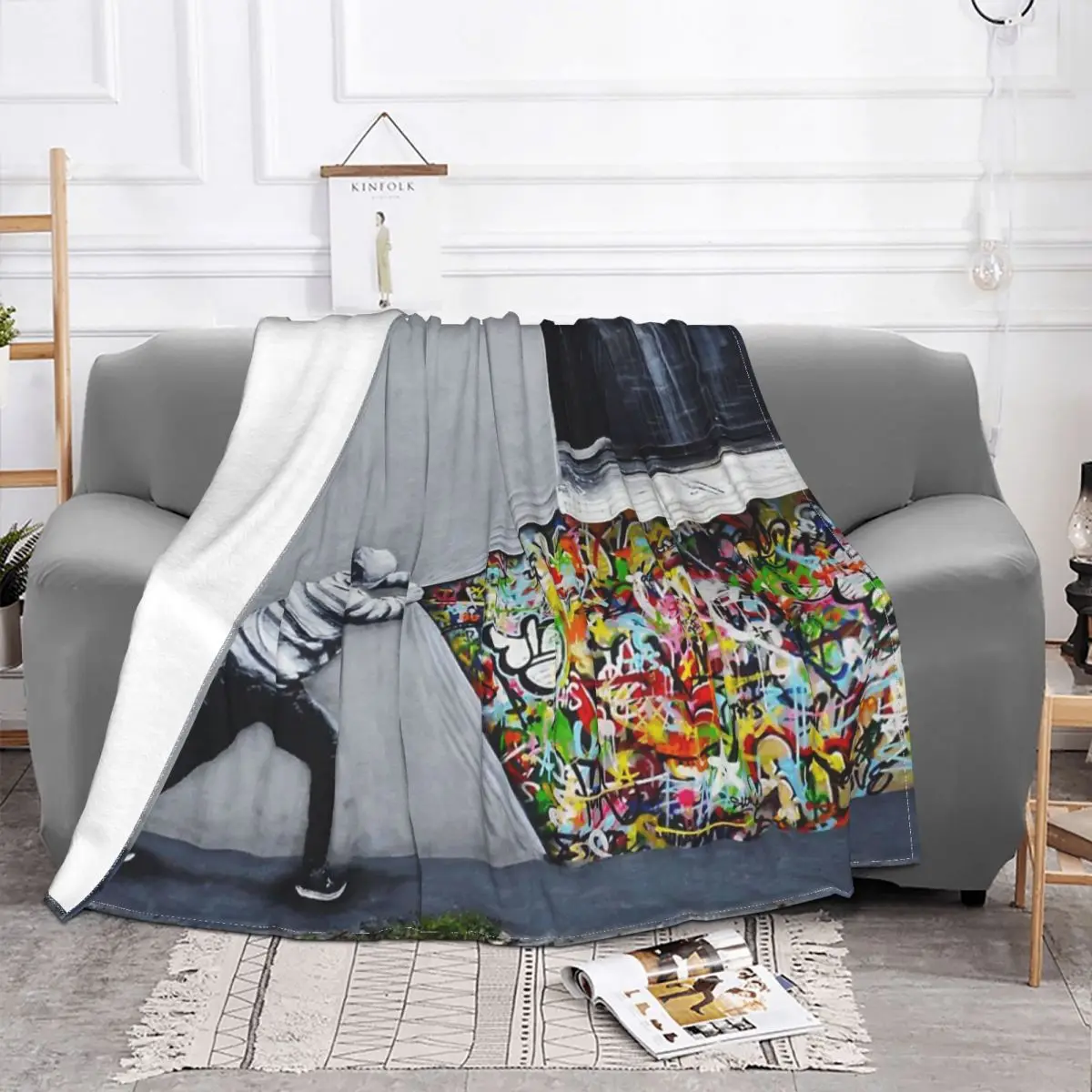 Banksy Uncovering Graffiti Blankets Fleece Super Soft Throw Blankets for Airplane Travel Bedroom Quilt