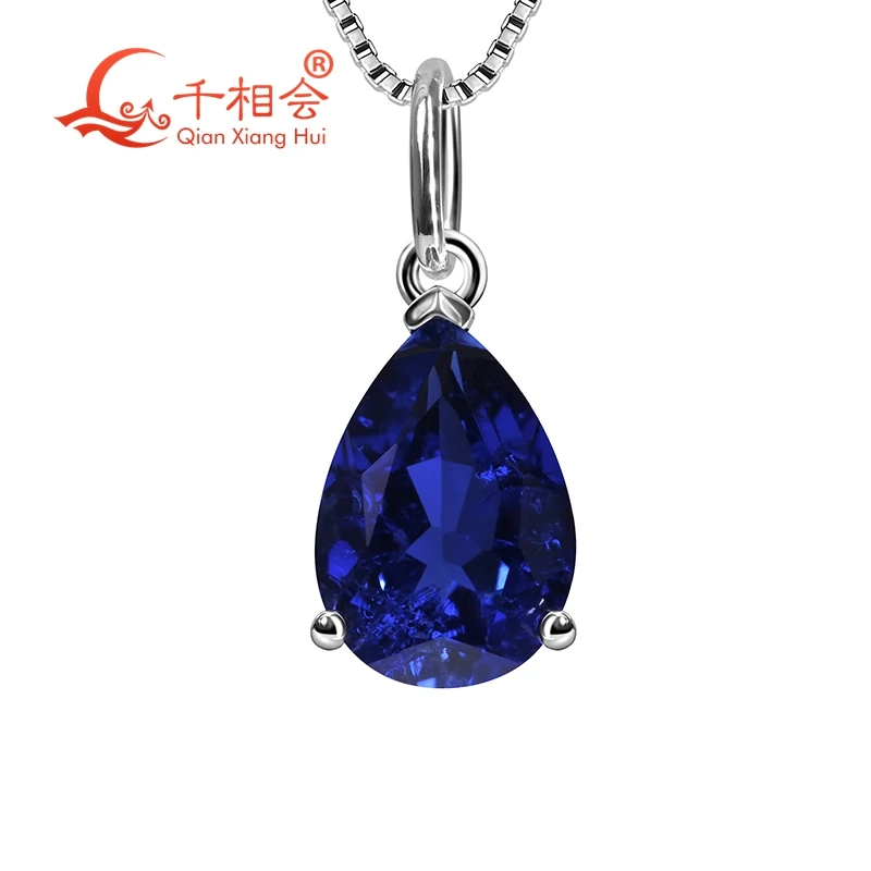 

925 Silver Pear Shape 2.5CT 7x10mm Blue lab grown Sapphire Inclusions Main Stone Jewelry Pendant Necklace
