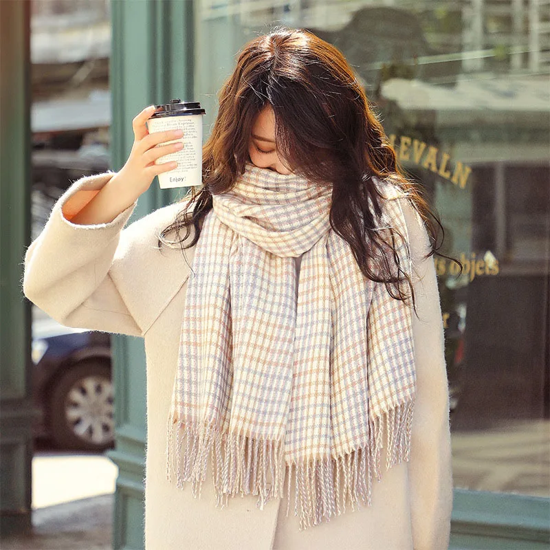 Check Striped Scarf Women‘s’ Winter New Fashion Trend Casual Thicken Warm Imitation Cashmere Shawl Sweet Tassel