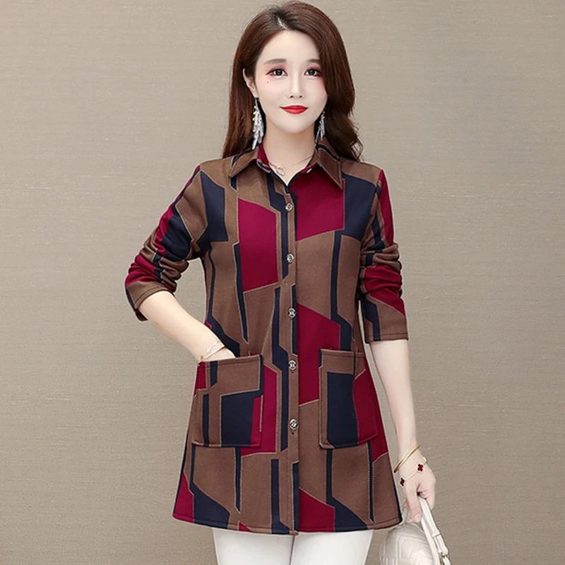 Middle-Aged Elderly Mothers Add Velvet Plaid Shirt Tops Spring Autumn New Women\'s Cardigan Jacket Long-Sleeved Top Outerwear