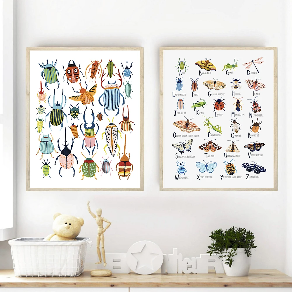 Insect Alphabet Poster Education Canvas Painting Beetle Posters Woodland  Nursery Wall Art Print Pictures Nordic Baby Room Decor