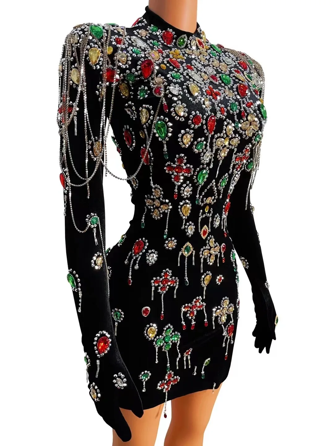 New Design Colorful Big Stones Black Velvet Dress Evening Sexy Crystals Chains Dance Costume Birthday Gloves Dress caihong