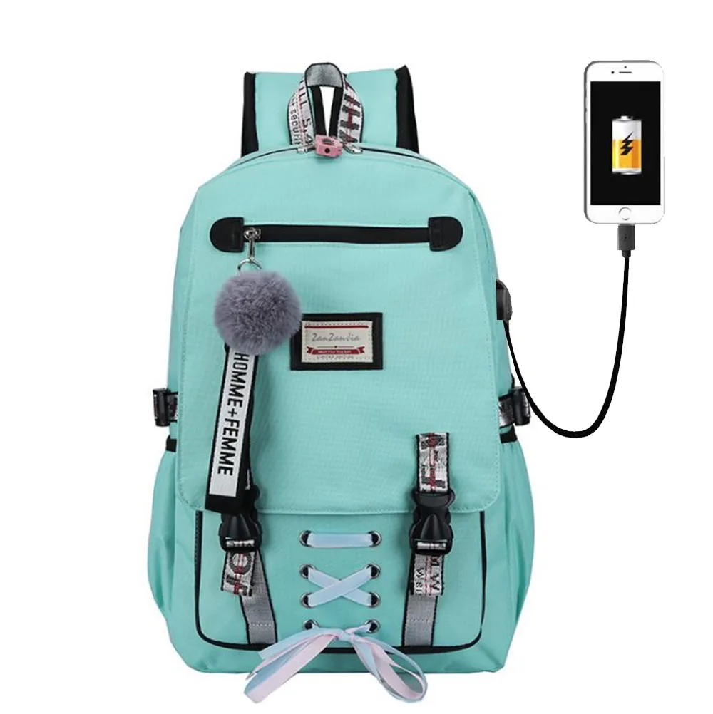 Teenage Large USB Printing Student Big School Bags Girls Bookbags Fashion Ribbon Bow Girls boys Schoolbag Backpack 4 color