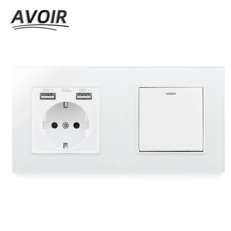 

Avoir DE EU Plug Power Socket Dual USB Port 1 2 3 4 Gang Light Button Switch Wall Socket Double Electrical Glass Outlet