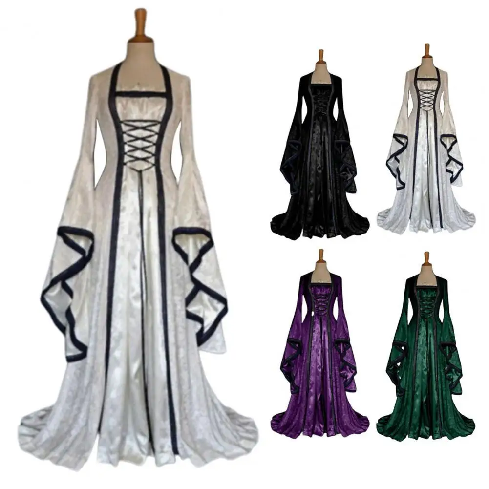 

Women Retro Cosplay Dress Flare Sleeve Vintage Floor Length Solid Color Large Cuff Maxi Dress Gothic Style for Halloween