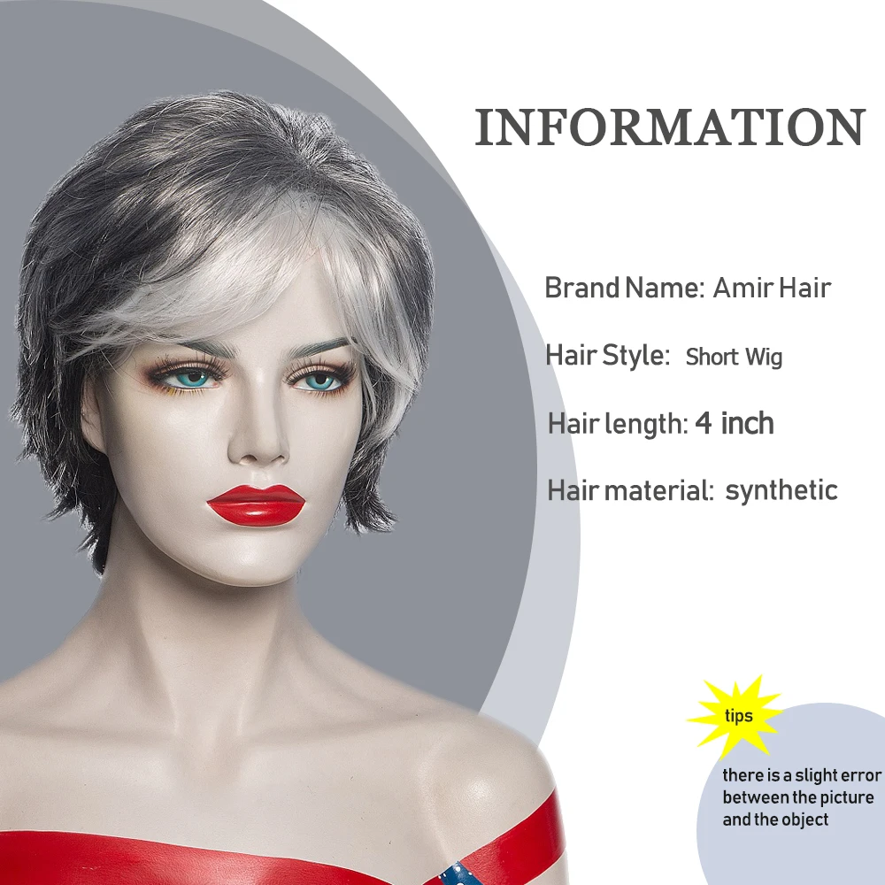 Amir Short Grey Hair Wigs for Women Black Mixed Gray Curly Wig Pixie Cut Wig With Bangs Synthetic Wave Short Stylish Female Wigs