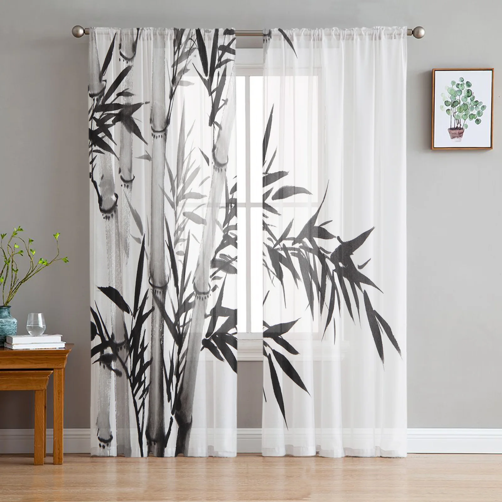 

Bamboo Chinese Ink Painting Design Plant Tulle Curtains Modern Living Room Kitchen Chiffon Curtain Bedroom Sheer Valance Curtain