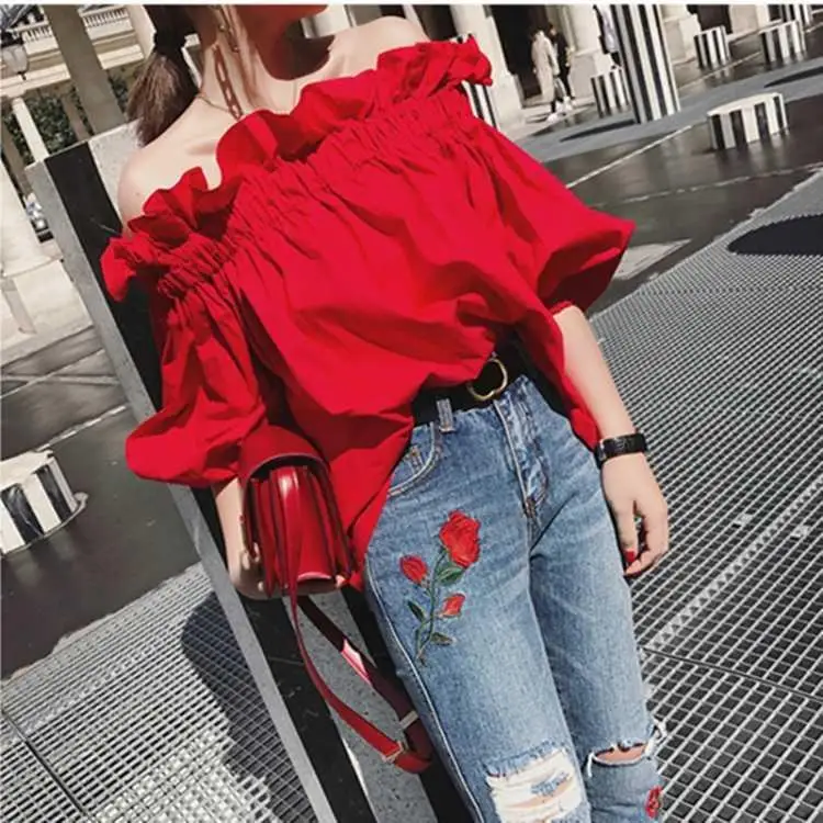 Women Korean Ruffles Off Shoulder Tee Top Puffy Sleeves Red Chiffon Blouse Female Oversize Casual Shirt Lady Chic New