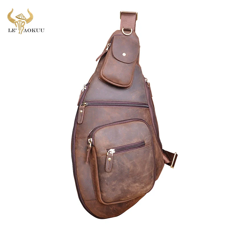 Quality Leather Men Casual Fashion Travel Triangle Chest Sling Bag Brown Design 8\