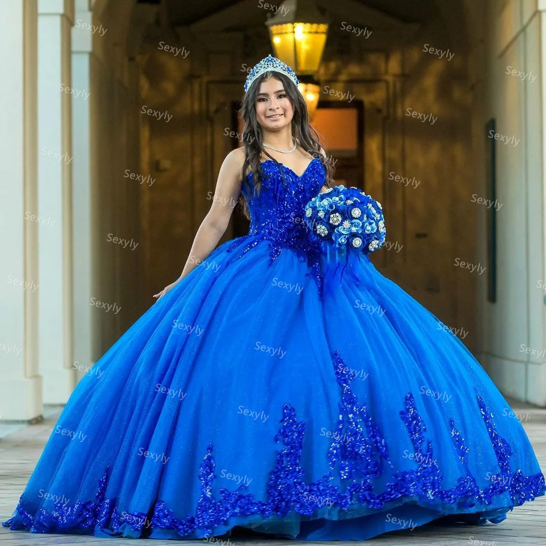 Блестящее Королевское синее платье для Quinceanera с блестками, пышное Тюлевое бальное платье для выпускного вечера, милое платье для 16, праздничное платье для 15 лет