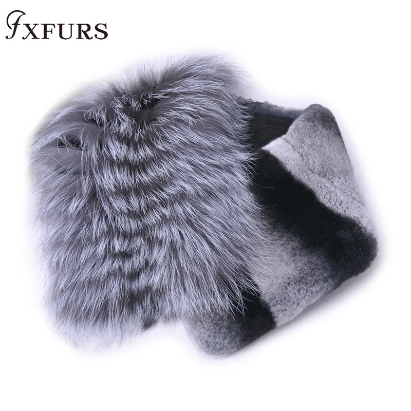 

2020 New Genuine Real Rex Rabbit with Silver Fox Fur Scarves Real Wraps Women Winter Warm Neckwear Magnetic Clasp Fur Collars