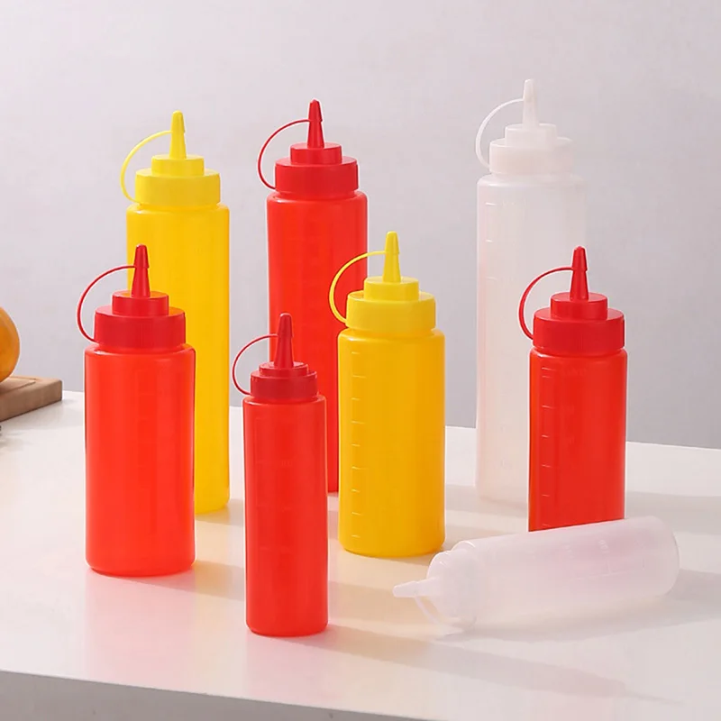 Refillable Squeeze Condiment Bottles, Plastic Container for Kitchen Ketchup, Mustard Sauces, Olive Oil, Gravy Boats