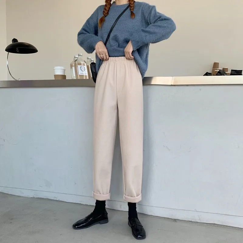 Autumn Woolen Straight Pants Female Students Korean Style  Harem Trousers Loose Casual All-Match High Waist Ankle Length Pants