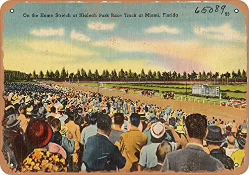 Metal Sign - Florida Postcard - On The Home Stretch at Hialeah Park Race Track at Miami, Florida - Vintage Rusty Look Wall Deco