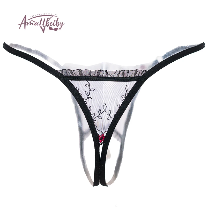 Pearl Pendant Open Thongs Women Underwear Crotchless Embroidery G String Tanga Briefs Lace Transparent Sexy Lingerie