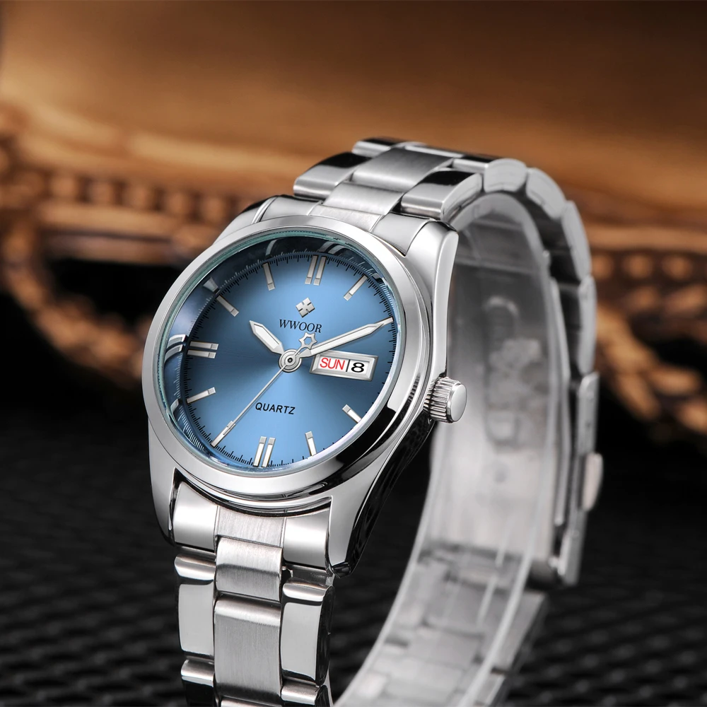 WWOOR-reloj azul de lujo para mujer, pulsera de acero inoxidable con fecha y semana, femenino