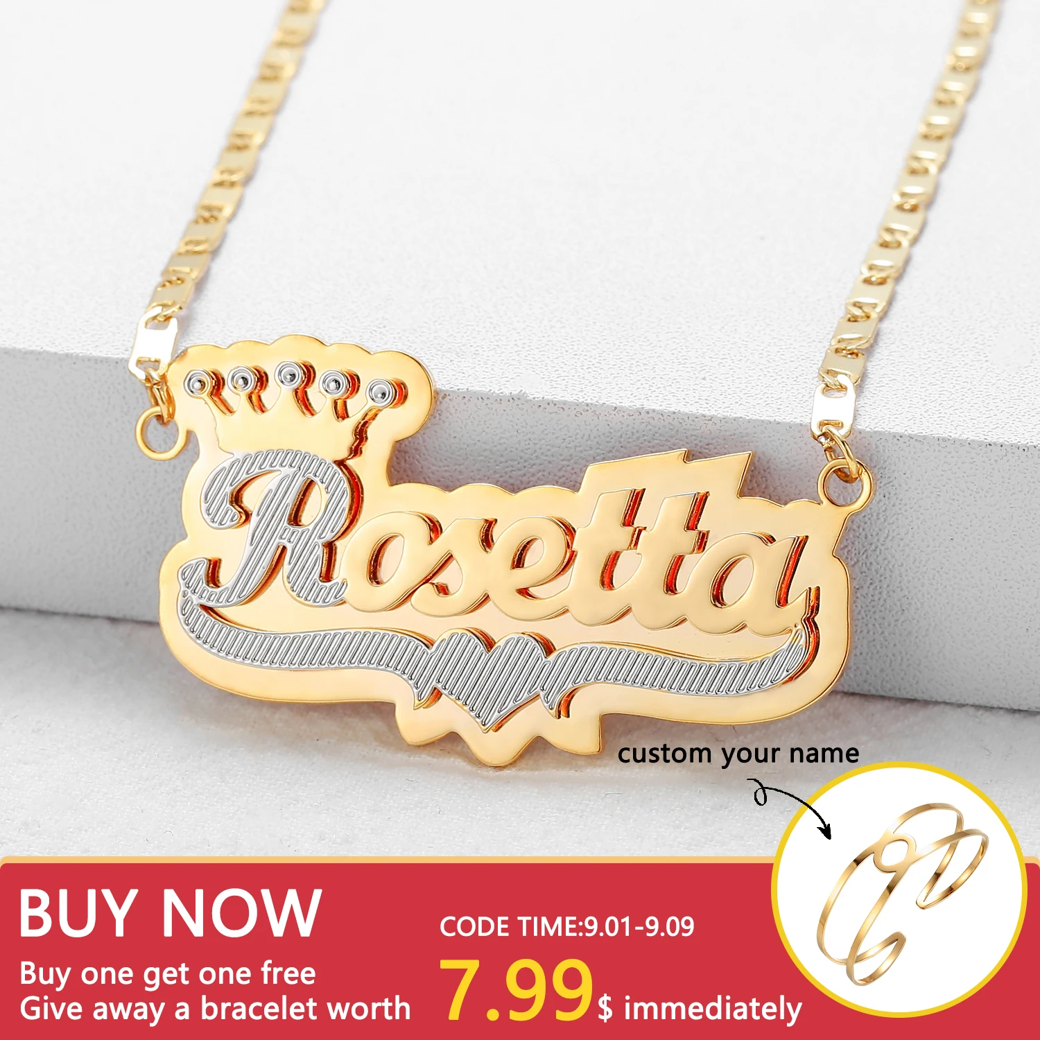 

2021 Custom Crown Necklace Double Gold plated Nameplate 3D Necklace Personalized Heart Shaped Name Necklaces For Women Jewelry