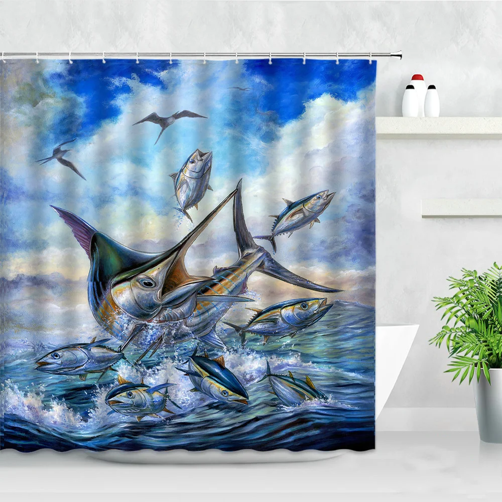 3D Fish Shower Curtains Wing Sea Wave Ocean Natural Landscape Modern Home Decor Waterproof Polyester Fabric Bathroom Curtain Set