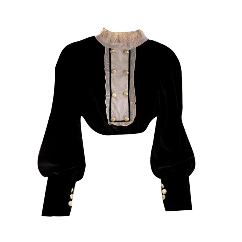 New Women Gold Velvet Blouse Girl Mesh Patchwork Shirt Spring Long Sleeve Palace Blousas Basic Tops Pullovers Bottomings WZ1305