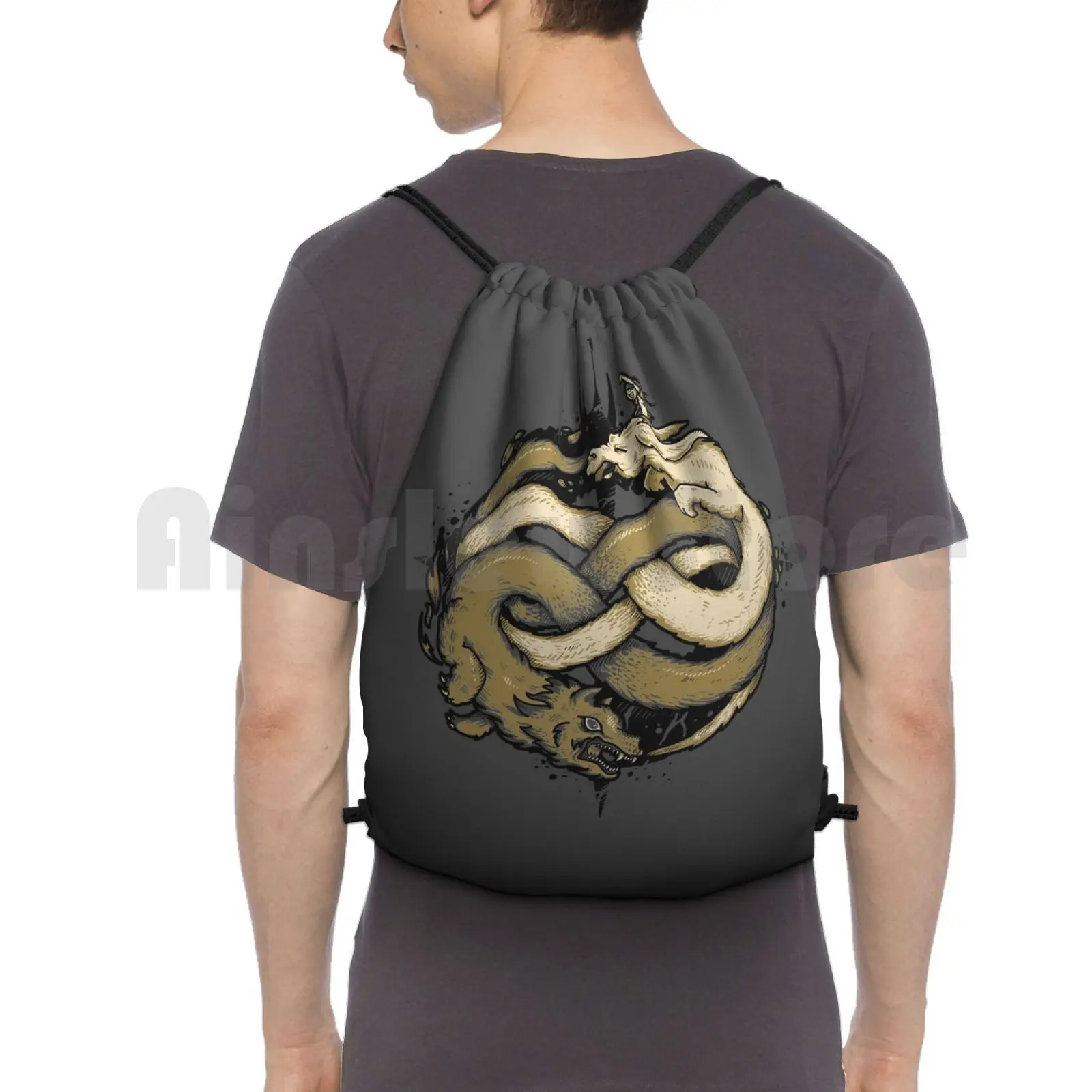 Neverending Fight Backpack Drawstring Bag Riding Climbing Gym Bag Movies 80s Pop Neverending Story Atreyu Auryn Falcor