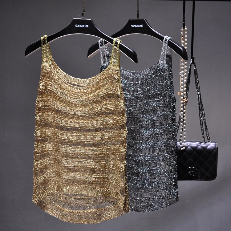 

Transparent Knitted Tanks Tops Women Shiny Gold Tanks Women Sleeveless Gold Tank Tops