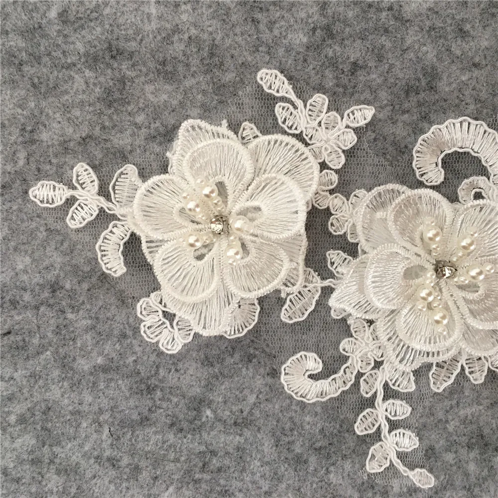 New arrive White 3D flower Embroidery Applique Lace Fabric Venise Sewing DIY Trim ABS pearl Lace Collar for Dresses Accessories