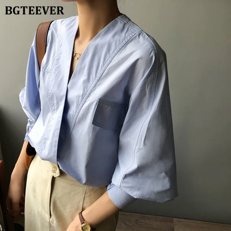 

BGTEEVER Casual Oversized Solid Women Blouses Shirts V-neck Full Sleeve Loose Female Tops Shirts 2021 Autumn Ladies Blusas