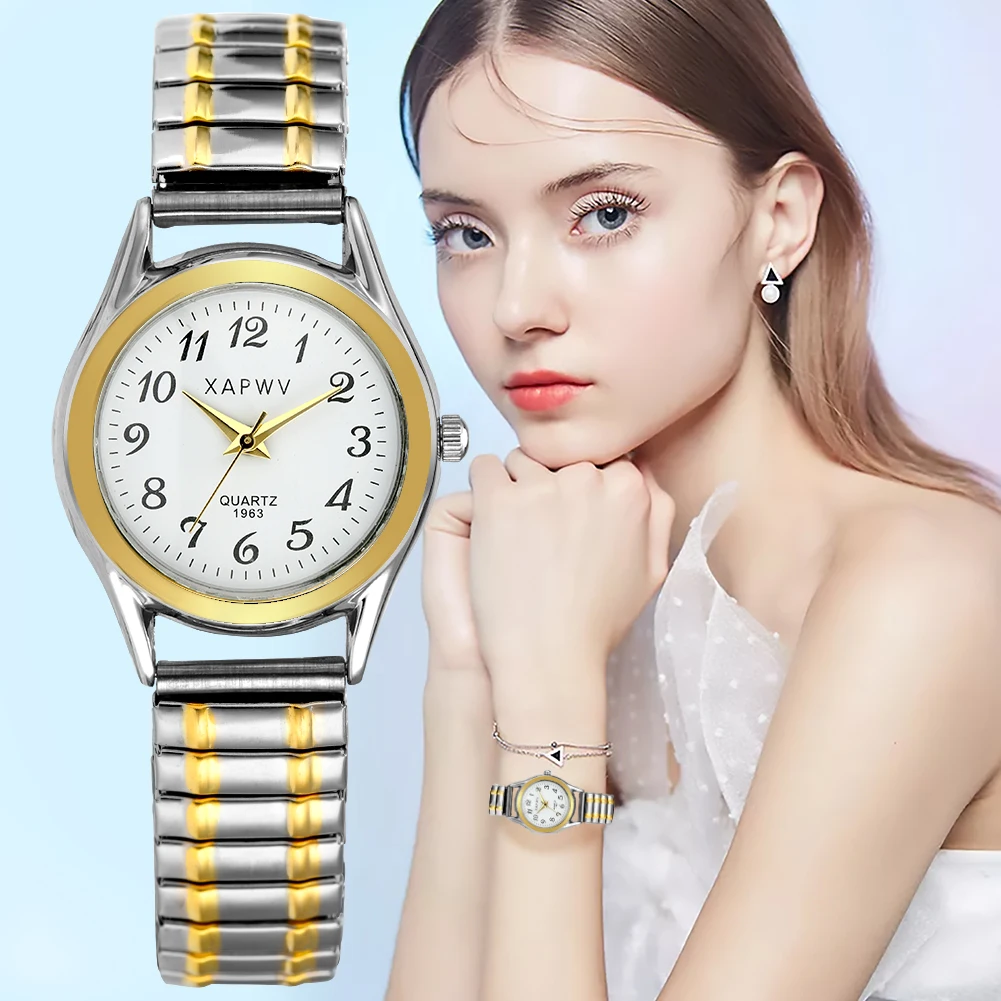 Luxury Gold Silver Elastic Band Women Watch Casual Ladies Dress Quartz Watch Lovers Couple Party Office Gifts Bracelet Watches