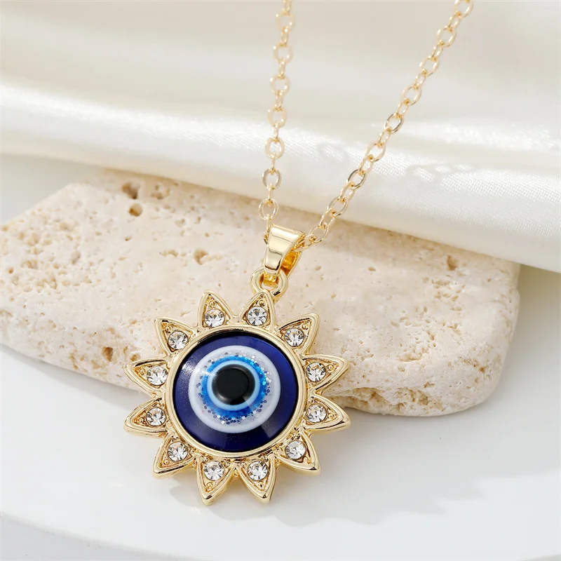 1pc Bling Sun Flower Evil Eye Necklace For Women Gift Shiny Zircon Turkish Blue Eye Sweater Clavicle Chain Party Wedding Jewelry