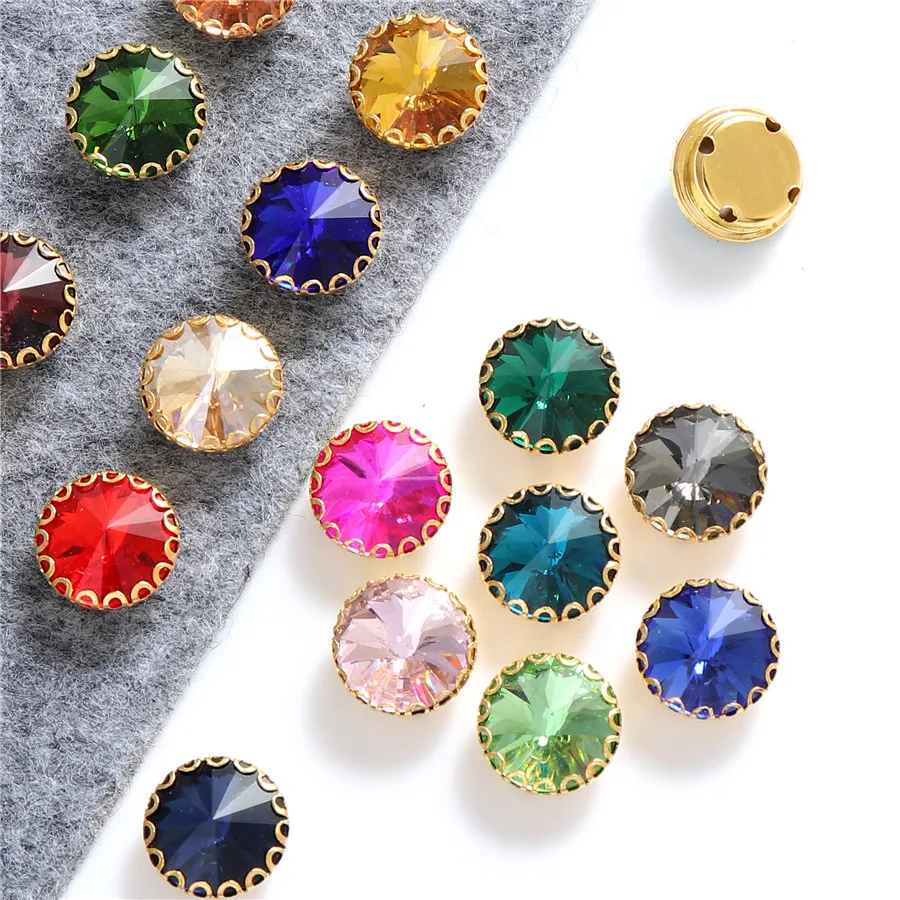 New 6 Sizes Round Shape Glass Sew On Gemstones With Golden Base Crystal Sewing Rhinestones for Clothes Shoes Needlework