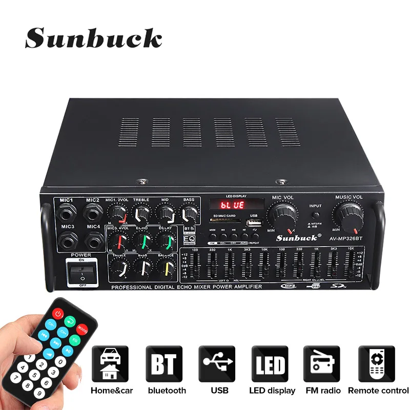 Sunbuck 326BT 2000W 2.0 Channel bluetooth Audio Power Amplifier 12V/220V AV HiFi Amp Speaker with Remote Control for Car Home