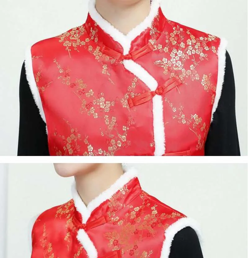 Venda quente novo chinês tradicional feminino algodão colete outono inverno jaqueta cetim tang terno senhoras casual vermelho manter roupas quentes