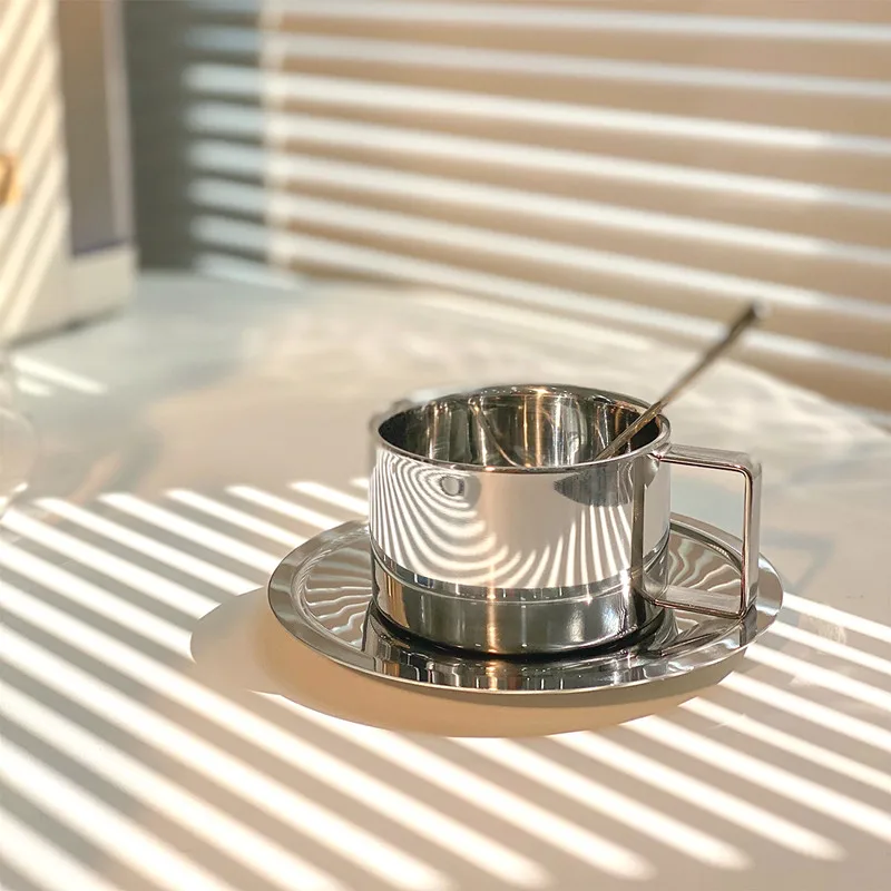 

304stainless Steel Coffee Cup Saucer And Spoon Set Korean Ins Insulated Afternoon Tea Travel Water Mug Office Kitchen Drinking