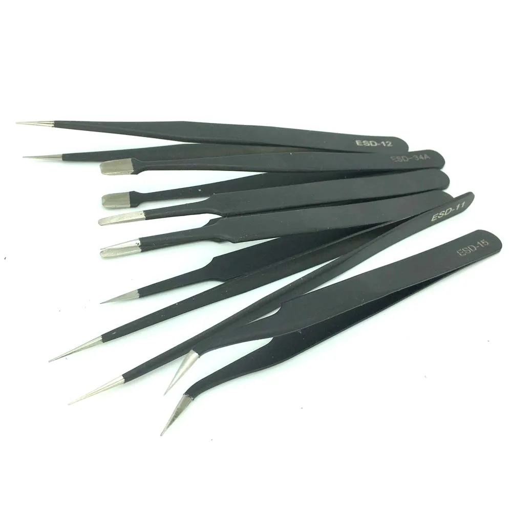 

6 Pcs ESD Anti-static Tweezers Maintenance Tools Industrial Precision Curved Straight Tweezer Repair Tool