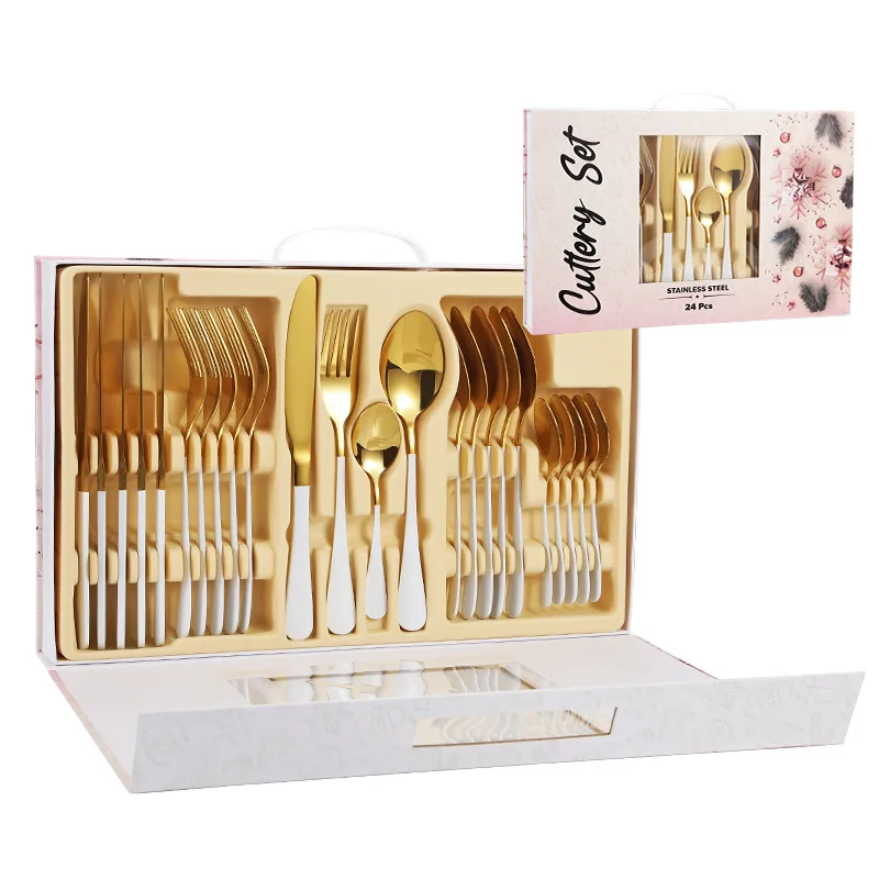 24PCS/6SET Gold Cutlery Set Kitchen Fork Spoon Knife Set Tableware Stainless Steel Cutlery Gold Dinnerware Christmas Gift Box